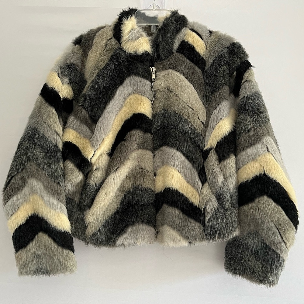 Olivaceous Chevron Faux Fur Bomber Jacket | Plush Shaggy Statement Coat